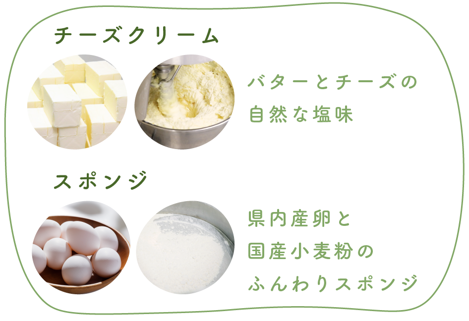 【チーズクリーム】
バターとチーズの自然な風味

【スポンジ】
県内産卵と国産小麦粉のふんわりスポンジ